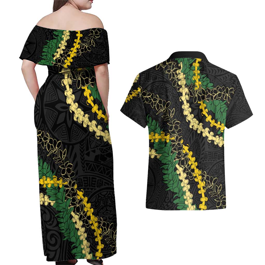 Hawaii Puakenikeni - Maile Lei Couples Matching Off Shoulder Maxi Dress and Hawaiian Shirt Obsidian Black LT7 - Polynesian Pride