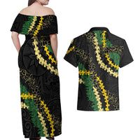 Hawaii Puakenikeni - Maile Lei Couples Matching Off Shoulder Maxi Dress and Hawaiian Shirt Obsidian Black LT7 - Polynesian Pride