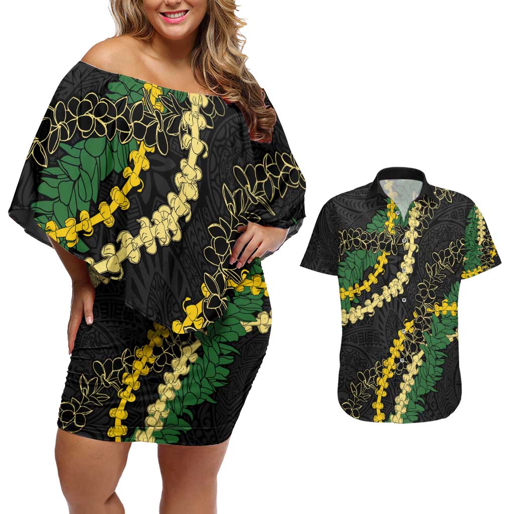 Hawaii Puakenikeni - Maile Lei Couples Matching Off Shoulder Short Dress and Hawaiian Shirt Obsidian Black LT7 Black - Polynesian Pride