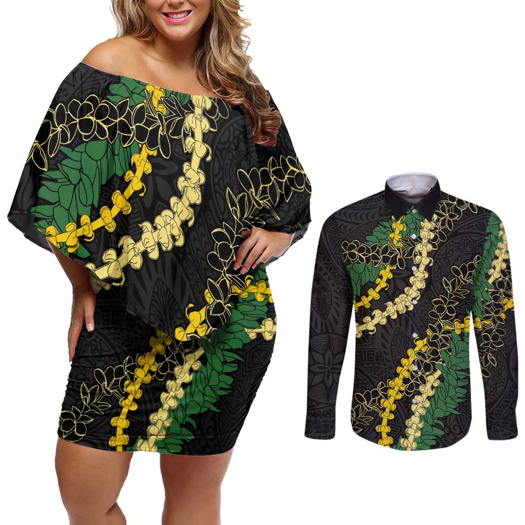 Hawaii Puakenikeni - Maile Lei Couples Matching Off Shoulder Short Dress and Long Sleeve Button Shirt Obsidian Black LT7 Black - Polynesian Pride