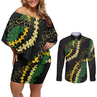 Hawaii Puakenikeni - Maile Lei Couples Matching Off Shoulder Short Dress and Long Sleeve Button Shirt Obsidian Black LT7 Black - Polynesian Pride