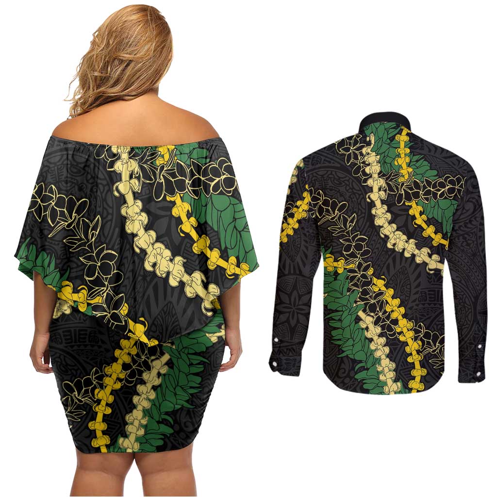 Hawaii Puakenikeni - Maile Lei Couples Matching Off Shoulder Short Dress and Long Sleeve Button Shirt Obsidian Black LT7 - Polynesian Pride