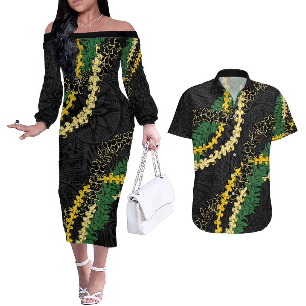 Hawaii Puakenikeni - Maile Lei Couples Matching Off The Shoulder Long Sleeve Dress and Hawaiian Shirt Obsidian Black LT7 Black - Polynesian Pride
