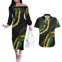 Hawaii Puakenikeni - Maile Lei Couples Matching Off The Shoulder Long Sleeve Dress and Hawaiian Shirt Obsidian Black LT7 Black - Polynesian Pride