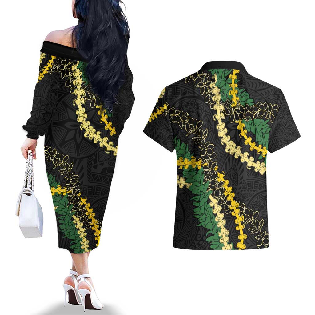 Hawaii Puakenikeni - Maile Lei Couples Matching Off The Shoulder Long Sleeve Dress and Hawaiian Shirt Obsidian Black LT7 - Polynesian Pride