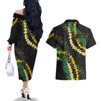 Hawaii Puakenikeni - Maile Lei Couples Matching Off The Shoulder Long Sleeve Dress and Hawaiian Shirt Obsidian Black LT7 - Polynesian Pride