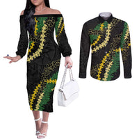 Hawaii Puakenikeni - Maile Lei Couples Matching Off The Shoulder Long Sleeve Dress and Long Sleeve Button Shirt Obsidian Black LT7 Black - Polynesian Pride