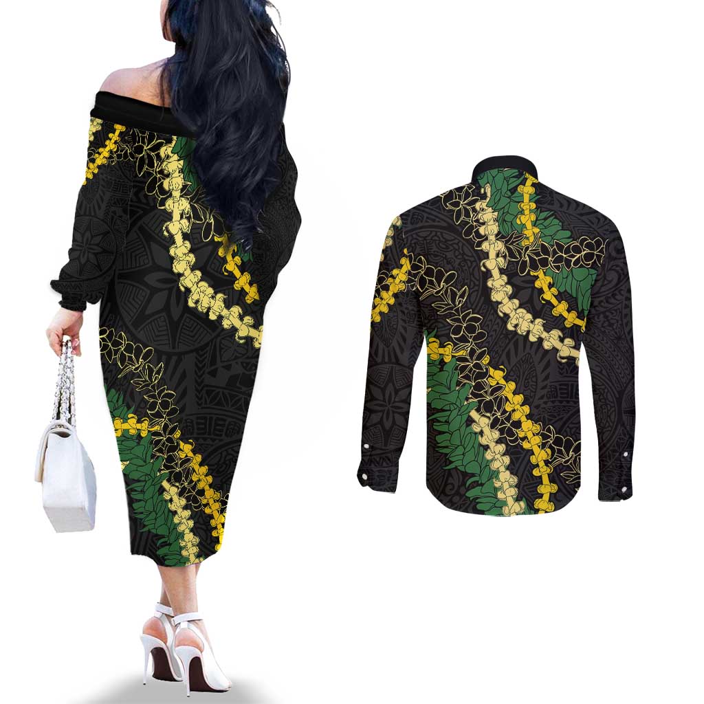 Hawaii Puakenikeni - Maile Lei Couples Matching Off The Shoulder Long Sleeve Dress and Long Sleeve Button Shirt Obsidian Black LT7 - Polynesian Pride