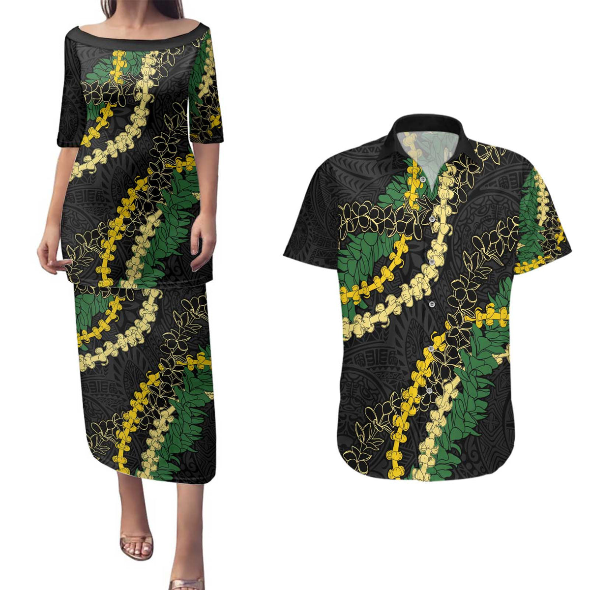 Hawaii Puakenikeni - Maile Lei Couples Matching Puletasi and Hawaiian Shirt Obsidian Black