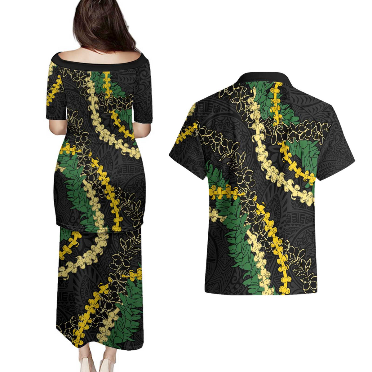 Hawaii Puakenikeni - Maile Lei Couples Matching Puletasi and Hawaiian Shirt Obsidian Black