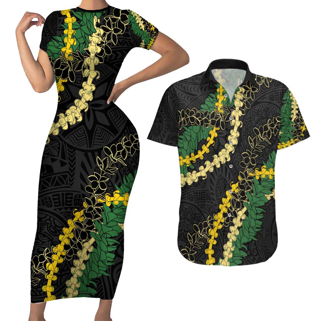 Hawaii Puakenikeni - Maile Lei Couples Matching Short Sleeve Bodycon Dress and Hawaiian Shirt Obsidian Black LT7 Black - Polynesian Pride