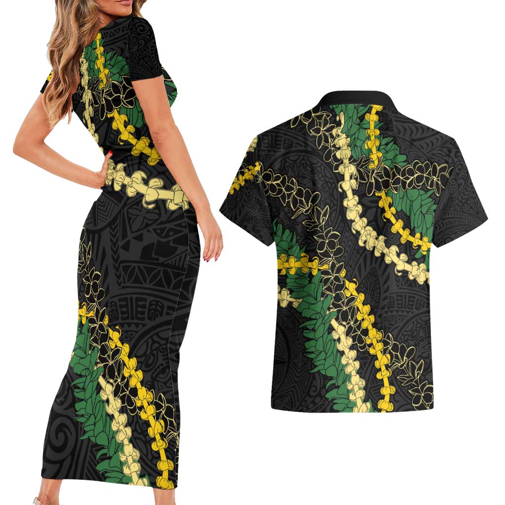 Hawaii Puakenikeni - Maile Lei Couples Matching Short Sleeve Bodycon Dress and Hawaiian Shirt Obsidian Black LT7 - Polynesian Pride