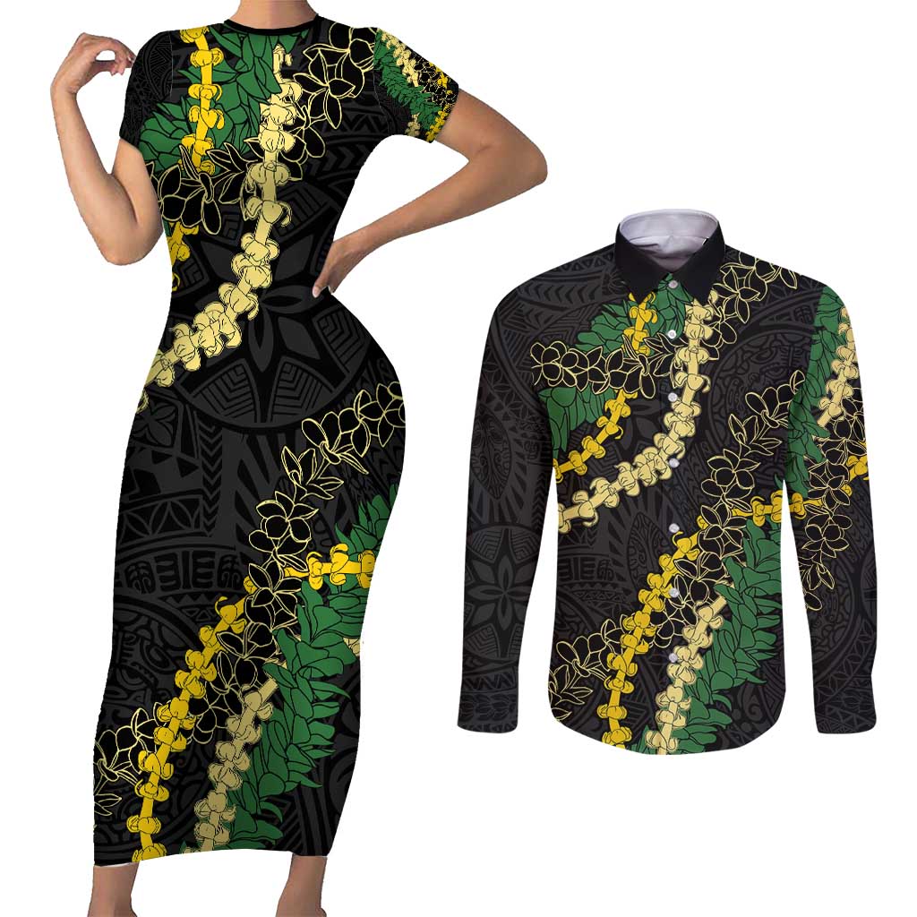 Hawaii Puakenikeni - Maile Lei Couples Matching Short Sleeve Bodycon Dress and Long Sleeve Button Shirt Obsidian Black LT7 Black - Polynesian Pride
