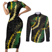 Hawaii Puakenikeni - Maile Lei Couples Matching Short Sleeve Bodycon Dress and Long Sleeve Button Shirt Obsidian Black LT7 Black - Polynesian Pride