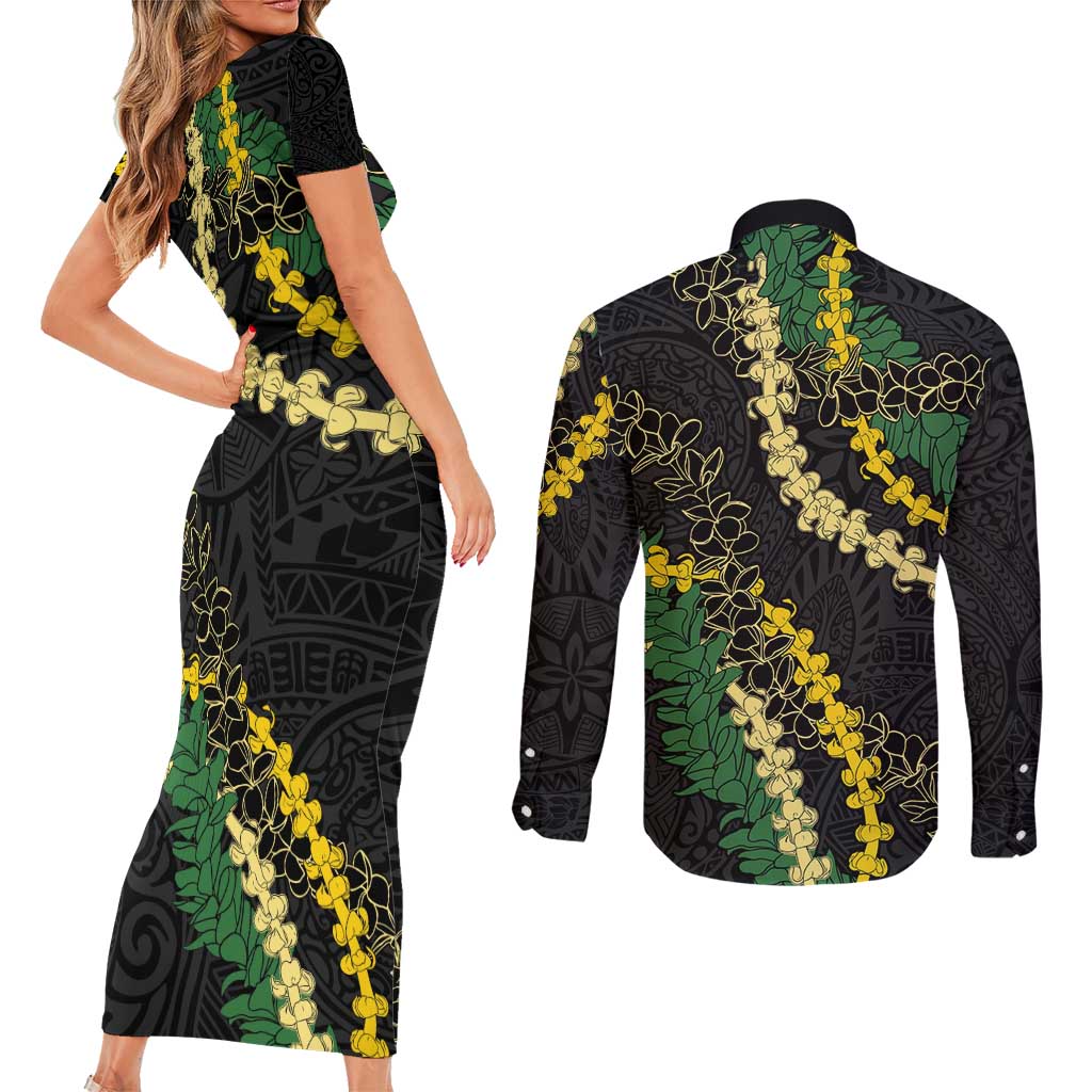 Hawaii Puakenikeni - Maile Lei Couples Matching Short Sleeve Bodycon Dress and Long Sleeve Button Shirt Obsidian Black LT7 - Polynesian Pride