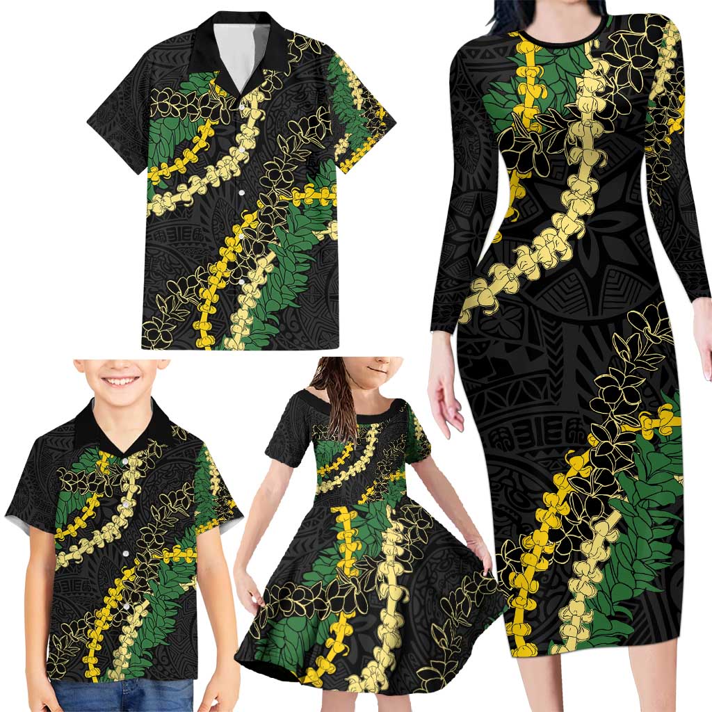 Hawaii Puakenikeni - Maile Lei Family Matching Long Sleeve Bodycon Dress and Hawaiian Shirt Obsidian Black LT7 - Polynesian Pride