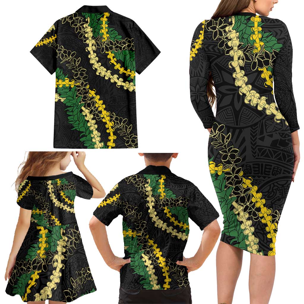 Hawaii Puakenikeni - Maile Lei Family Matching Long Sleeve Bodycon Dress and Hawaiian Shirt Obsidian Black LT7 - Polynesian Pride
