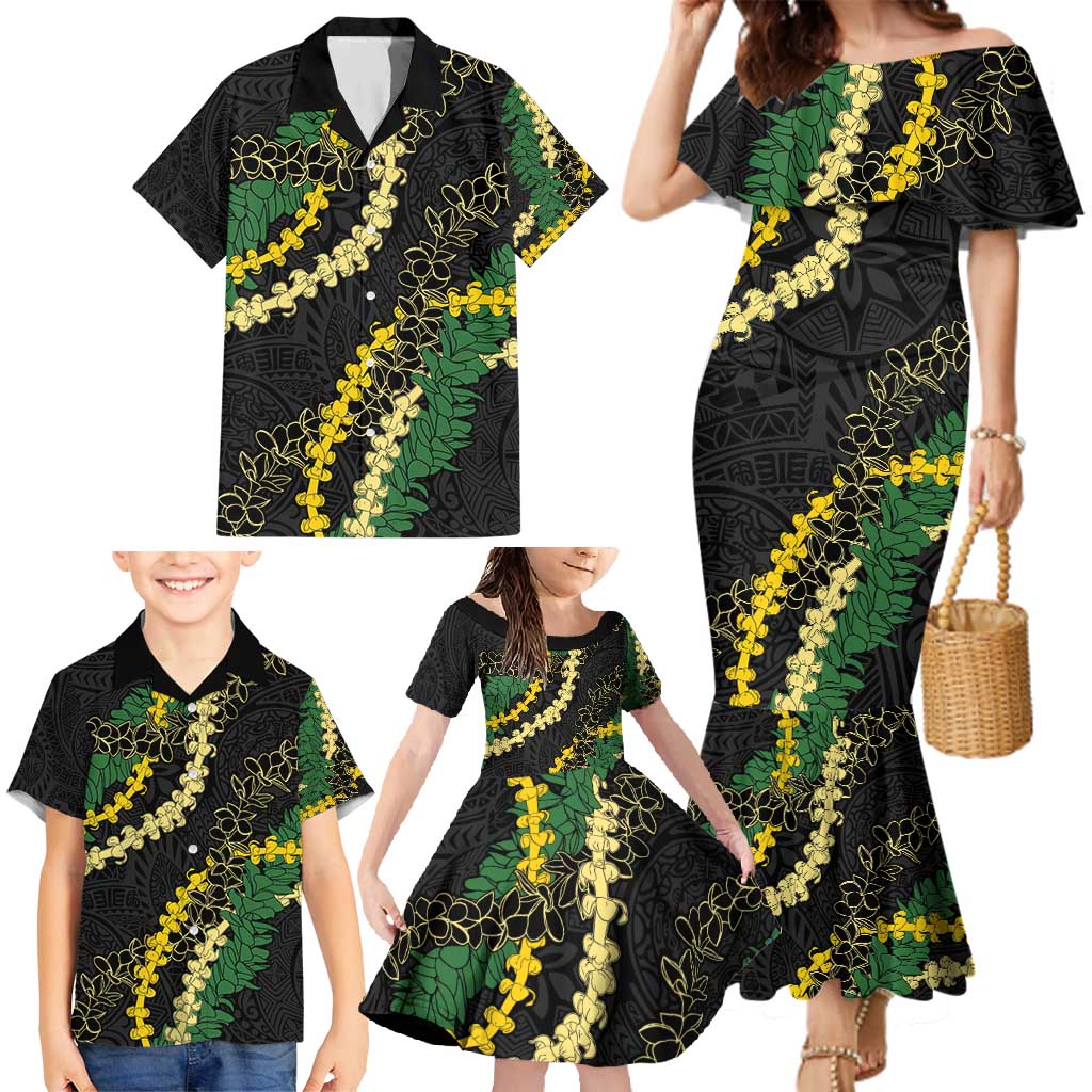 Hawaii Puakenikeni - Maile Lei Family Matching Mermaid Dress and Hawaiian Shirt Obsidian Black LT7 - Polynesian Pride