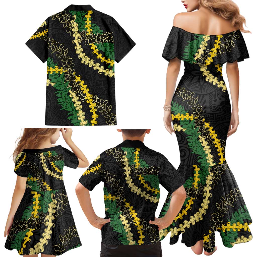 Hawaii Puakenikeni - Maile Lei Family Matching Mermaid Dress and Hawaiian Shirt Obsidian Black LT7 - Polynesian Pride