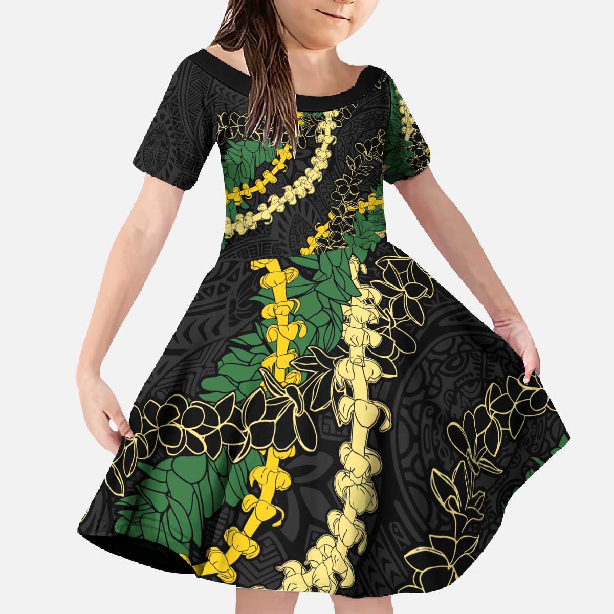 Hawaii Puakenikeni - Maile Lei Family Matching Off The Shoulder Long Sleeve Dress and Hawaiian Shirt Obsidian Black LT7 Daughter's Dress Black - Polynesian Pride