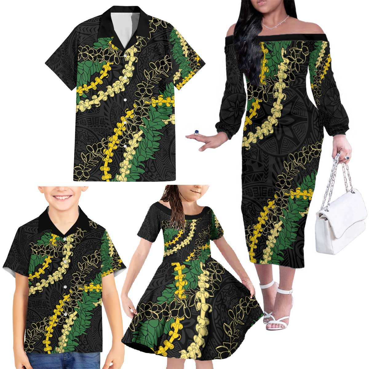 Hawaii Puakenikeni - Maile Lei Family Matching Off The Shoulder Long Sleeve Dress and Hawaiian Shirt Obsidian Black LT7 - Polynesian Pride