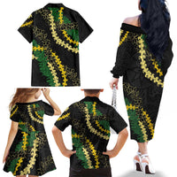 Hawaii Puakenikeni - Maile Lei Family Matching Off The Shoulder Long Sleeve Dress and Hawaiian Shirt Obsidian Black LT7 - Polynesian Pride