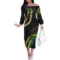 Hawaii Puakenikeni - Maile Lei Family Matching Off The Shoulder Long Sleeve Dress and Hawaiian Shirt Obsidian Black LT7 Mom's Dress Black - Polynesian Pride
