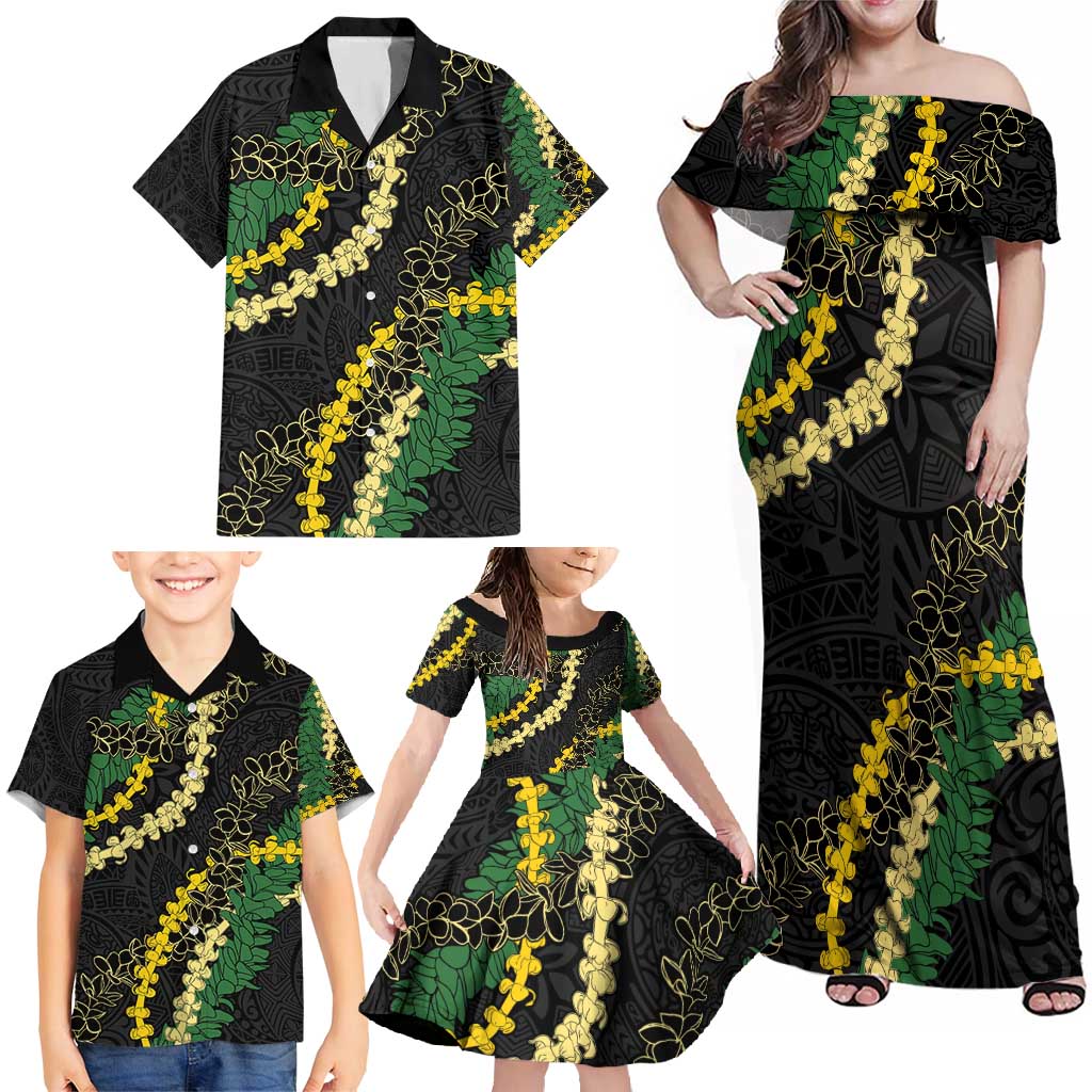 Hawaii Puakenikeni - Maile Lei Family Matching Off Shoulder Maxi Dress and Hawaiian Shirt Obsidian Black LT7 - Polynesian Pride