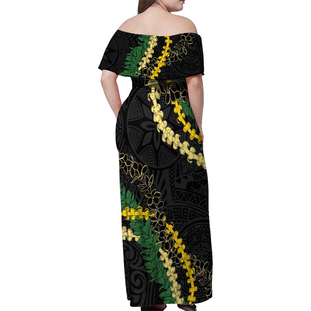 Hawaii Puakenikeni - Maile Lei Family Matching Off Shoulder Maxi Dress and Hawaiian Shirt Obsidian Black LT7 - Polynesian Pride
