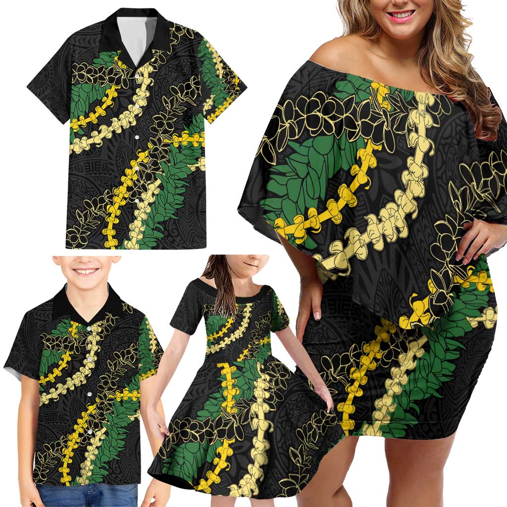 Hawaii Puakenikeni - Maile Lei Family Matching Off Shoulder Short Dress and Hawaiian Shirt Obsidian Black LT7 - Polynesian Pride