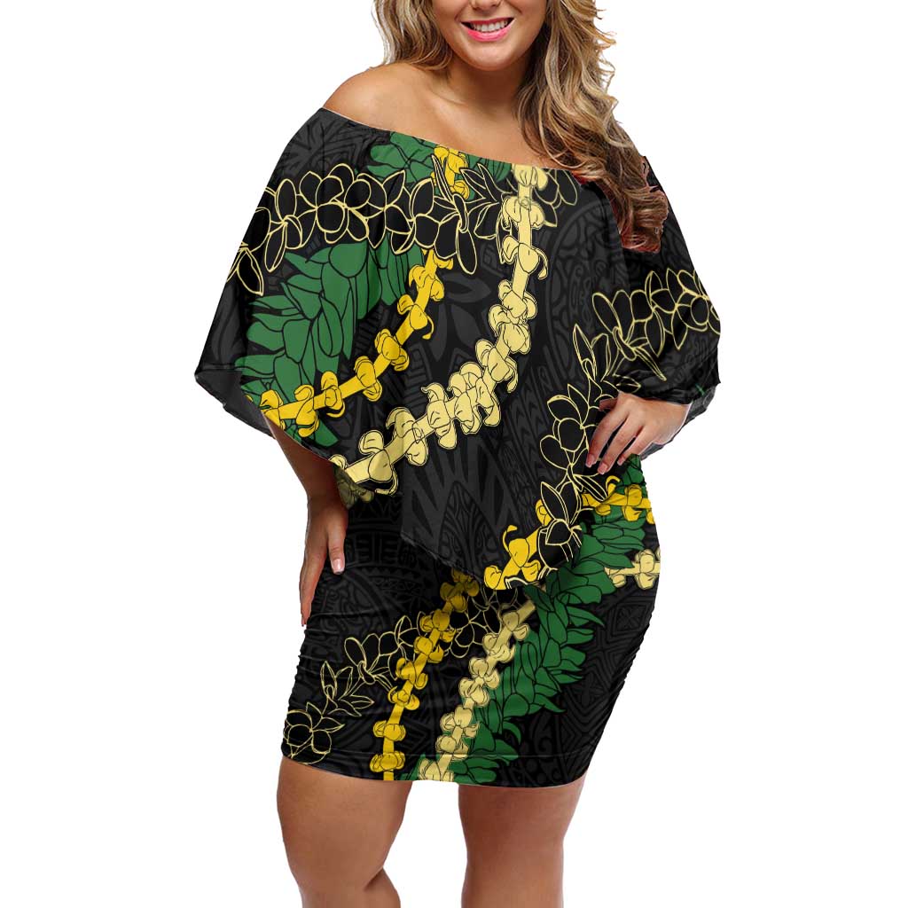 Hawaii Puakenikeni - Maile Lei Family Matching Off Shoulder Short Dress and Hawaiian Shirt Obsidian Black LT7 Mom's Dress Black - Polynesian Pride
