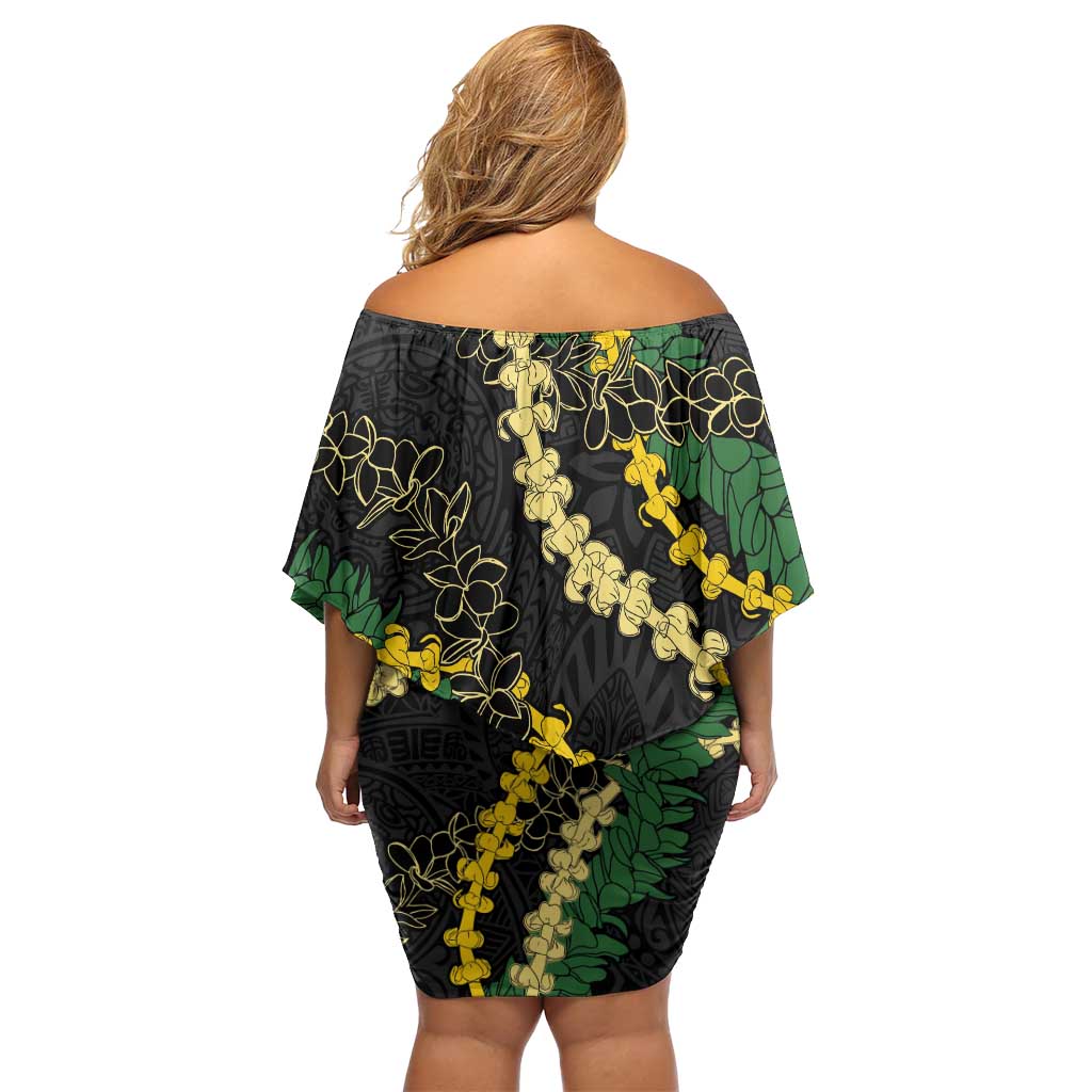 Hawaii Puakenikeni - Maile Lei Family Matching Off Shoulder Short Dress and Hawaiian Shirt Obsidian Black LT7 - Polynesian Pride