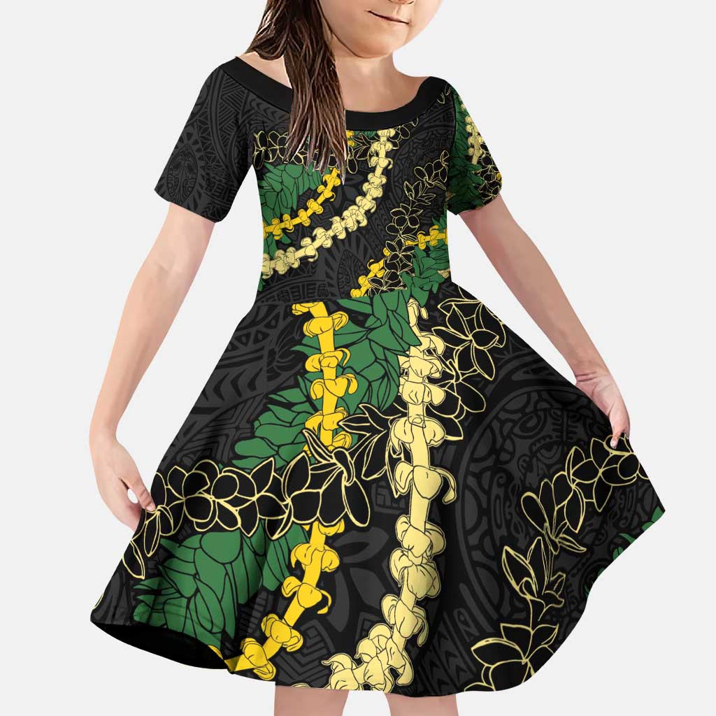 Hawaii Puakenikeni - Maile Lei Family Matching Puletasi and Hawaiian Shirt Obsidian Black LT7 Daughter's Dress Black - Polynesian Pride