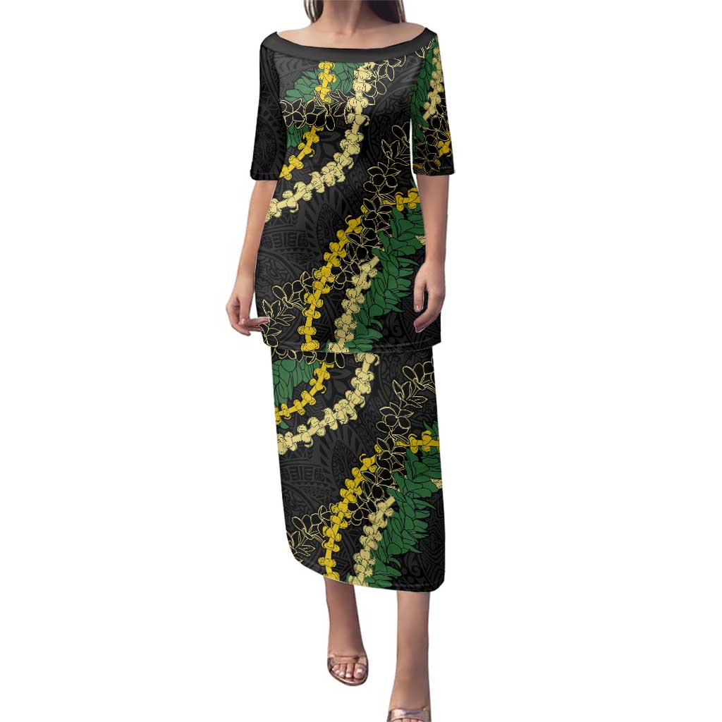 Hawaii Puakenikeni - Maile Lei Family Matching Puletasi and Hawaiian Shirt Obsidian Black LT7 Mom's Dress Black - Polynesian Pride