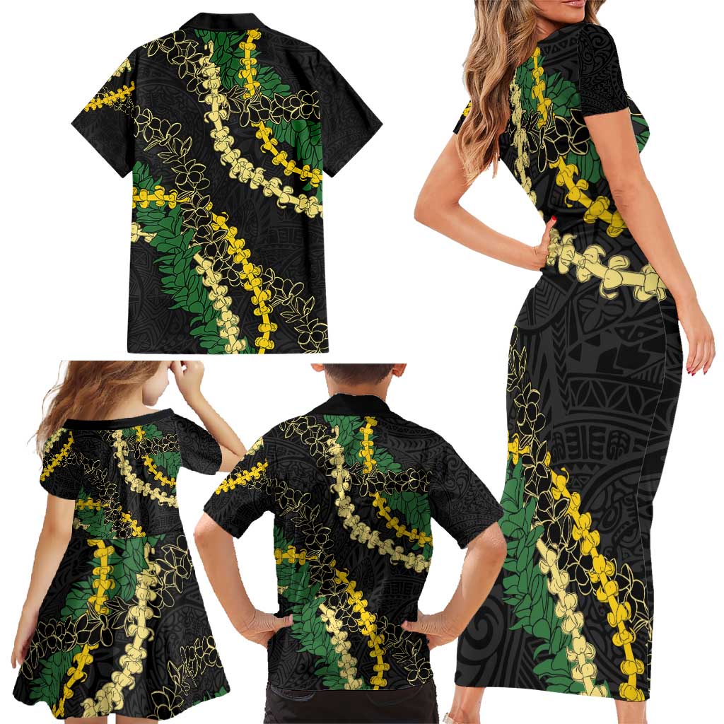Hawaii Puakenikeni - Maile Lei Family Matching Short Sleeve Bodycon Dress and Hawaiian Shirt Obsidian Black LT7 - Polynesian Pride
