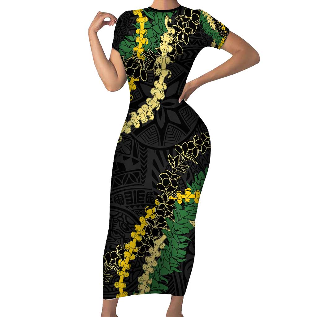Hawaii Puakenikeni - Maile Lei Family Matching Short Sleeve Bodycon Dress and Hawaiian Shirt Obsidian Black LT7 Mom's Dress Black - Polynesian Pride