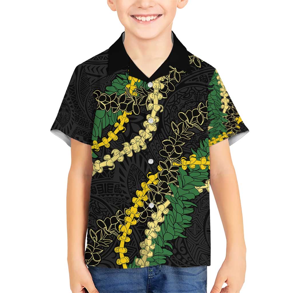 Hawaii Puakenikeni - Maile Lei Family Matching Short Sleeve Bodycon Dress and Hawaiian Shirt Obsidian Black LT7 Son's Shirt Black - Polynesian Pride