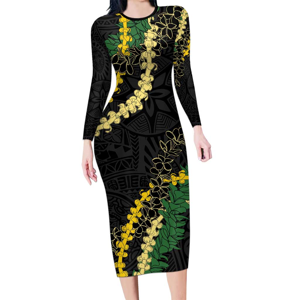 Hawaii Puakenikeni - Maile Lei Long Sleeve Bodycon Dress Obsidian Black LT7 Long Dress Black - Polynesian Pride