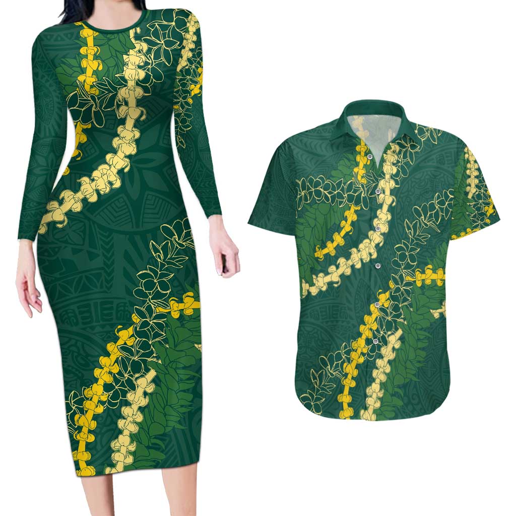Hawaii Puakenikeni - Maile Lei Couples Matching Long Sleeve Bodycon Dress and Hawaiian Shirt Sage Green LT7 Sage Green - Polynesian Pride