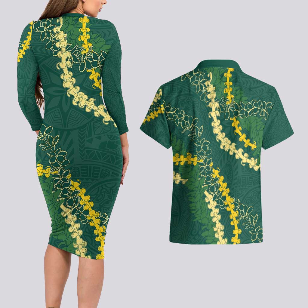 Hawaii Puakenikeni - Maile Lei Couples Matching Long Sleeve Bodycon Dress and Hawaiian Shirt Sage Green LT7 - Polynesian Pride