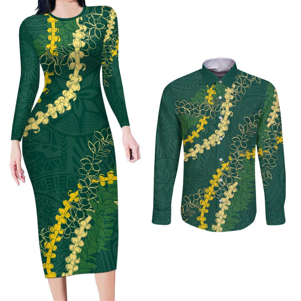 Hawaii Puakenikeni - Maile Lei Couples Matching Long Sleeve Bodycon Dress and Long Sleeve Button Shirt Sage Green LT7 Sage Green - Polynesian Pride