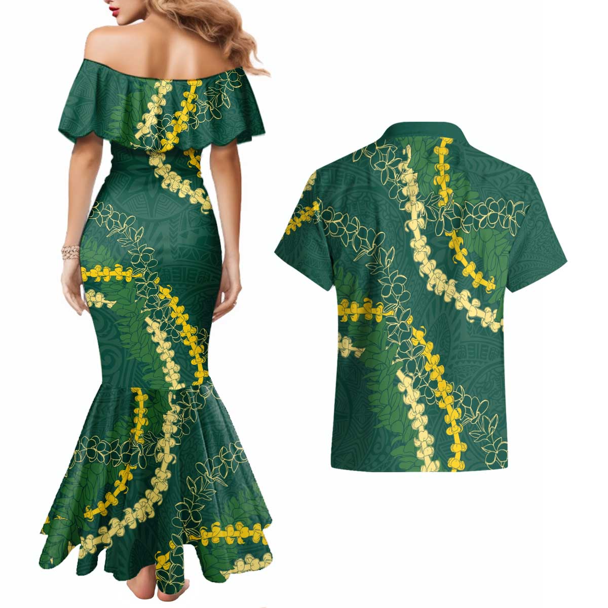 Hawaii Puakenikeni - Maile Lei Couples Matching Mermaid Dress and Hawaiian Shirt Sage Green LT7 - Polynesian Pride