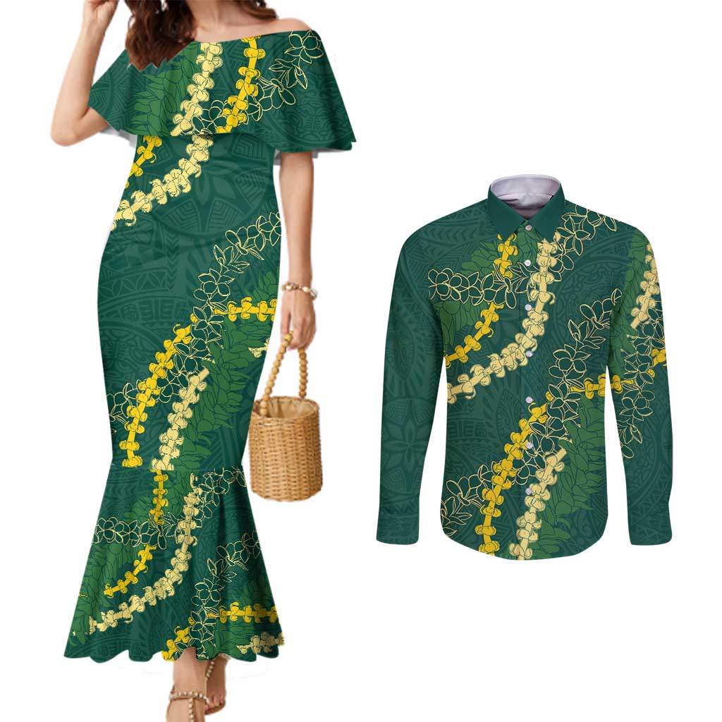Hawaii Puakenikeni - Maile Lei Couples Matching Mermaid Dress and Long Sleeve Button Shirt Sage Green LT7 Sage Green - Polynesian Pride