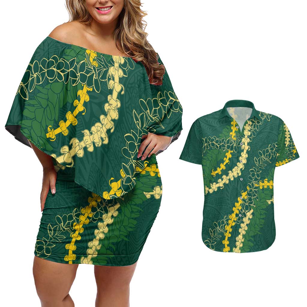 Hawaii Puakenikeni - Maile Lei Couples Matching Off Shoulder Short Dress and Hawaiian Shirt Sage Green LT7 Sage Green - Polynesian Pride