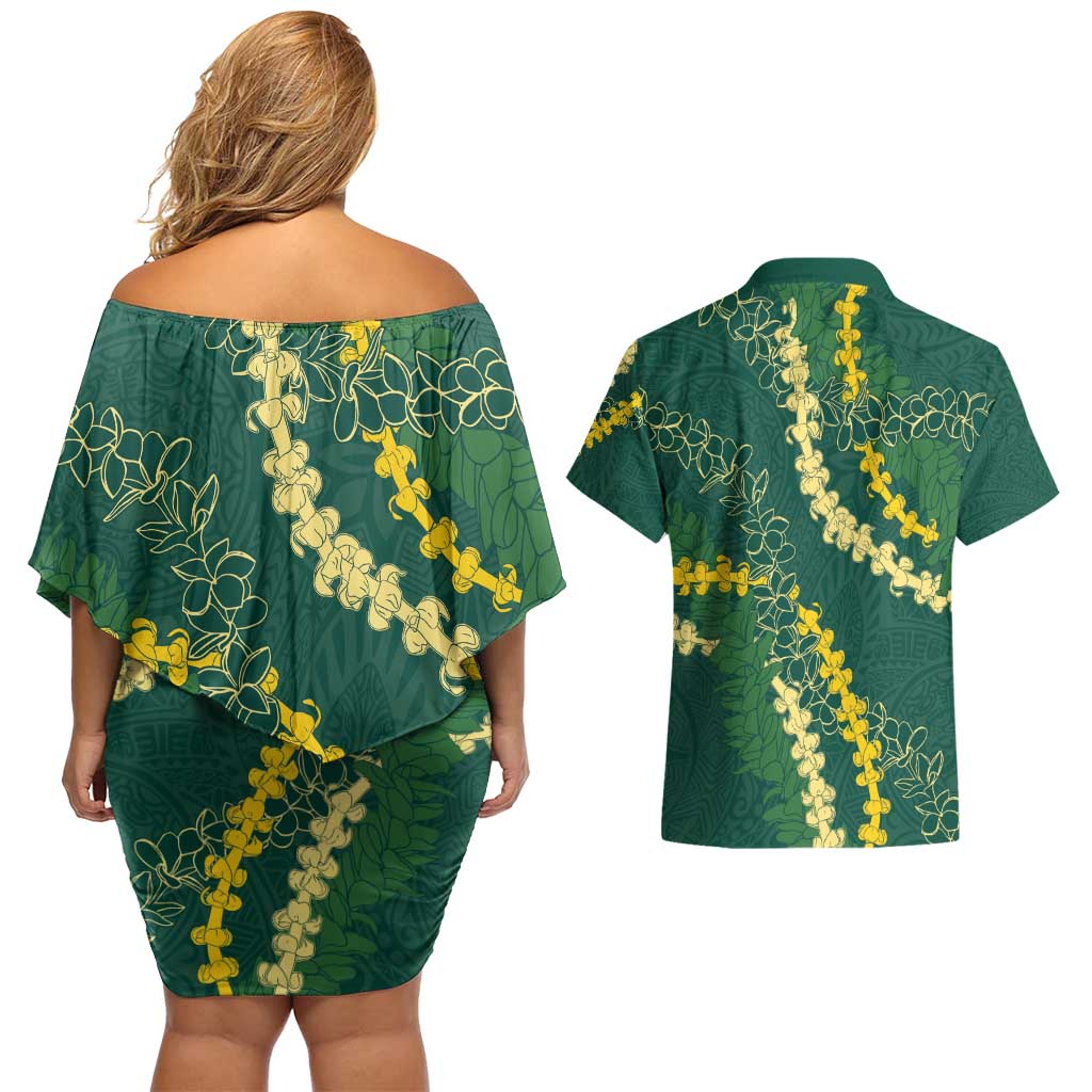 Hawaii Puakenikeni - Maile Lei Couples Matching Off Shoulder Short Dress and Hawaiian Shirt Sage Green LT7 - Polynesian Pride