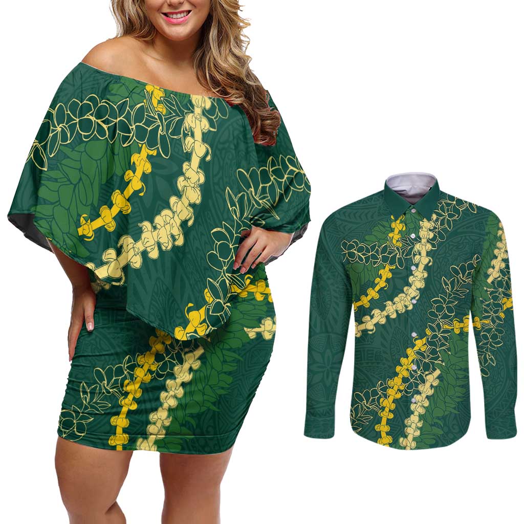 Hawaii Puakenikeni - Maile Lei Couples Matching Off Shoulder Short Dress and Long Sleeve Button Shirt Sage Green LT7 Sage Green - Polynesian Pride