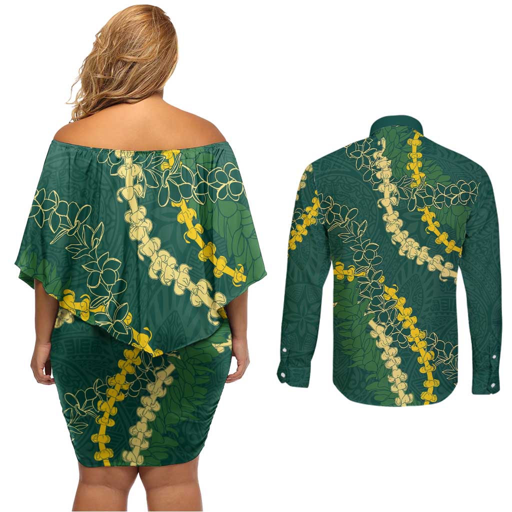 Hawaii Puakenikeni - Maile Lei Couples Matching Off Shoulder Short Dress and Long Sleeve Button Shirt Sage Green LT7 - Polynesian Pride