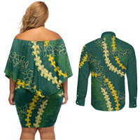 Hawaii Puakenikeni - Maile Lei Couples Matching Off Shoulder Short Dress and Long Sleeve Button Shirt Sage Green LT7 - Polynesian Pride