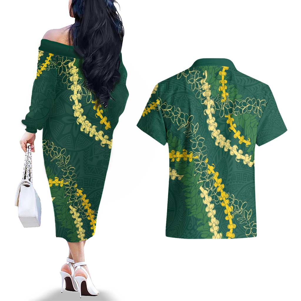 Hawaii Puakenikeni - Maile Lei Couples Matching Off The Shoulder Long Sleeve Dress and Hawaiian Shirt Sage Green LT7 - Polynesian Pride