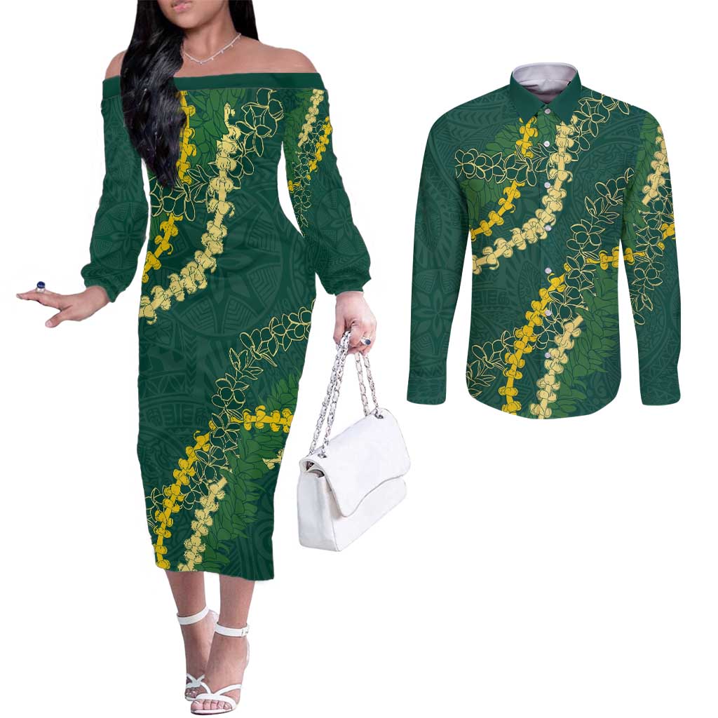 Hawaii Puakenikeni - Maile Lei Couples Matching Off The Shoulder Long Sleeve Dress and Long Sleeve Button Shirt Sage Green LT7 Sage Green - Polynesian Pride